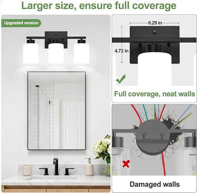 3-Light Bathroom Light Fixtures, Black Vanity Light with Milky White Frosted Glass Shades, Bathroom Wall Lamp with E26 Socket, for Mirror, Living Room, Bedroom