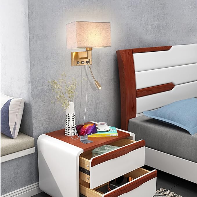 Bedroom Wall Sconces, Hardwired Wall Lamp with USB and Reading Lamp Fabric Shade Bedside Wall Lights with Reading Lamp for Bedroom Living Room Hotels Corridors (Brass)