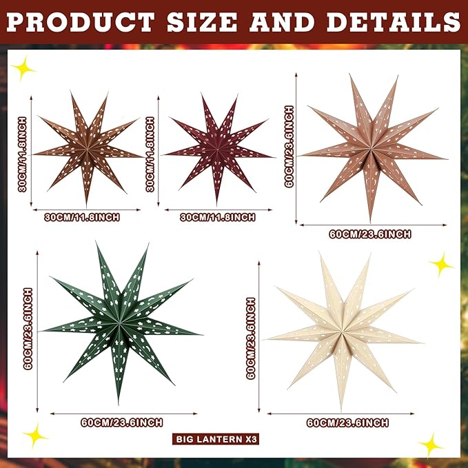 5 Set 3D Paper Star Lantern - 9 Pointed Hanging Star Lampshade for Xmas Wedding Birthday Party Decor(Brown, Green, Beige, Red, 24 Inch)