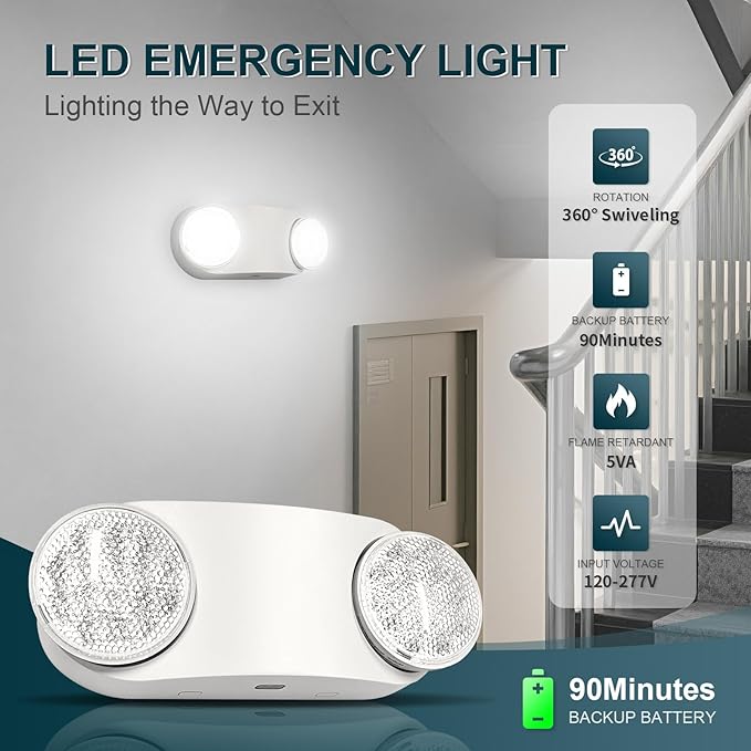 12PK Emergency Lights for Business, with Battery Backup,Hard Wired,Two Head Adjustable Commercial Emergency Lights, UL Listed, 5VA Flame Retardant,AC 120/277V,White