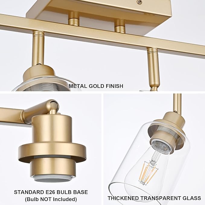 4-Light Gold Track Lighting Kits, Multi-Directional Rotating Kitchen Ceiling Tracking Light Fixture with Clear Glass, Modern Bathroom Ceiling Vanity Track Lights for Kitchen Island Accent Shop