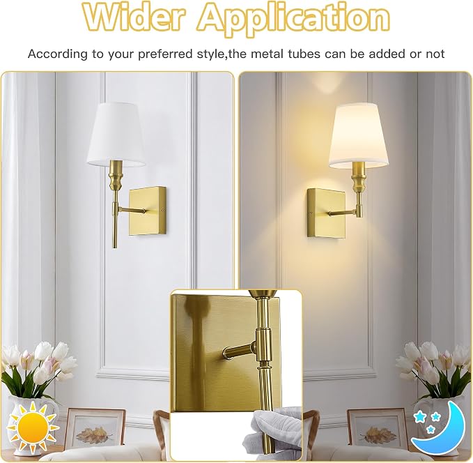 Hardwired Gold Wall Sconces Set of Two, Rustic Bathroom Vanity Lights with White Fabric Shades, Vintage Light Fixtures Convertible Height Wall Light for Living Room Bedroom,Farmhouse,E12 Base