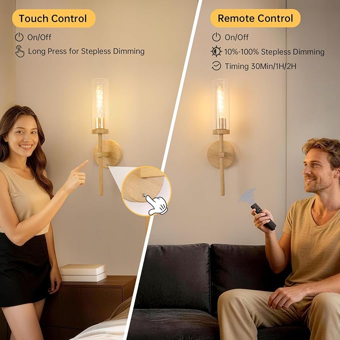 Shenmoyl Battery Operated Wall Sconces Set of 2, Beech Color Rechargeable Wall Lighting Fixtures, Dimmable Wall Lights with Remote & Clear Glass Shade for Living Room, Bathroom,Bedroom