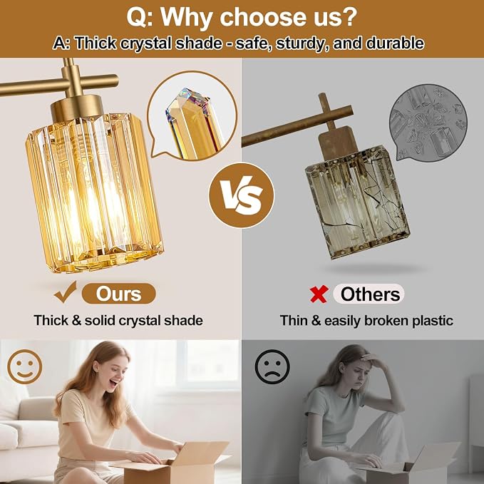 Modern Crystal Bathroom Light Fixtures Over Mirror, 3-Light Brushed Gold Bathroom Vanity Light with Amber Glass Shades, Modern Vanity Lights for Bathroom, E26 Base, Bulbs Not Included