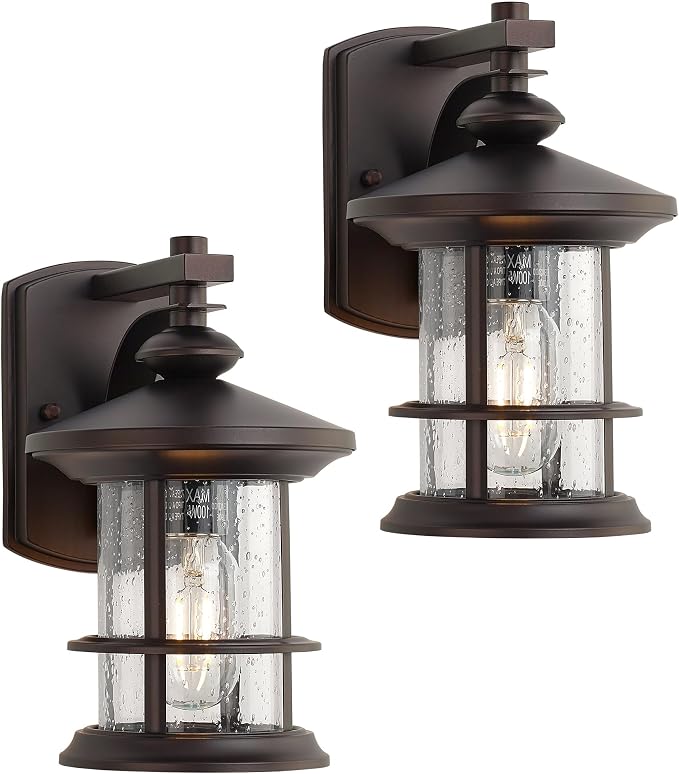 MICSIU 2 Pack Oil Rubbed Bronze Outdoor Wall Light, 10 Inch Rustic Cottage | Max 100W Metal Round Exterior Sconce with Clear Seedy Glass, WaterWroof Porch Light for Entryway, Garage, Bathroom