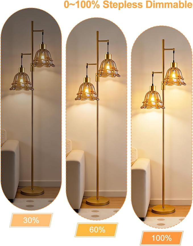 Lightdot 65IN Gold Flower Floor Lamp for Living Room, 2- Light Dimmable Floor Lamps with Brown Glass Lampshade, 3000K Warm White Modern Standing Tall Lamp for Bedroom Sofa Beside Corner Decor