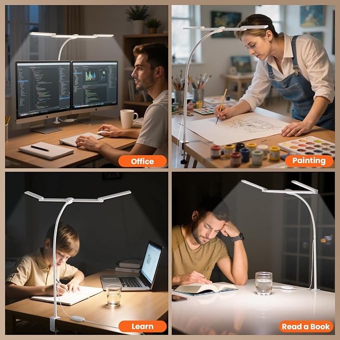 LED Desk Lamp for Office Home, Adjustable 3 Head Desk Light with Adapter | Computer Monitor Light with Clamp, Eye Caring Dimmable, Auto-off Timer Architect Desk Lamp for Reading Study Workbench White