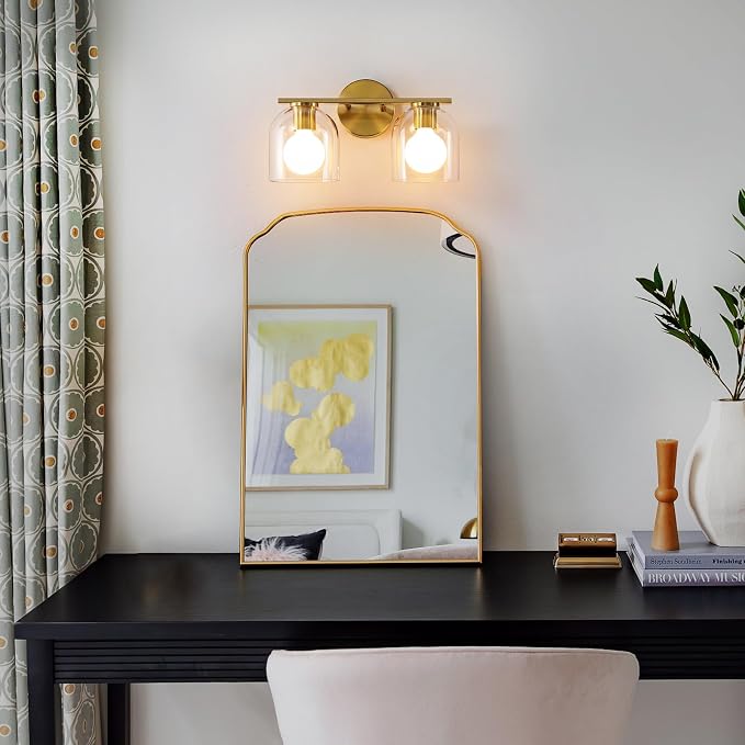 WOSHITU Bathroom Vanity Light Fixtures: 14.2 Inch Modern Gold Bathroom Light Fixtures Over Mirror with Clear Glass Shade, Brushed Gold 2 Light Wall Mount Sconces Above Mirror