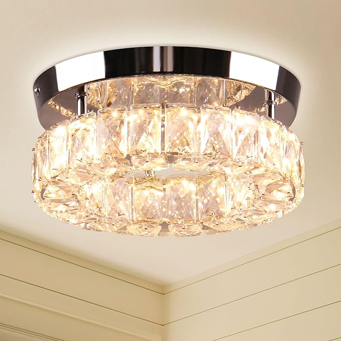 9.8" Modern Mini LED Chandelier Crystal Ceiling Light Flush Mount Light Fixture Ceiling Mount for Hallway Foyer Kitchen Closet (Warm White)