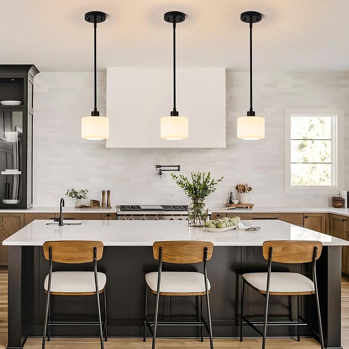 Black Pendant Lights Kitchen Island 2 Pack, Modern Milk Glass Hanging Light Fixtures with Rods, Mini Kitchen Pendant Lighting Over Island for Sink Bathroom, OS-YQ8153-2PBK
