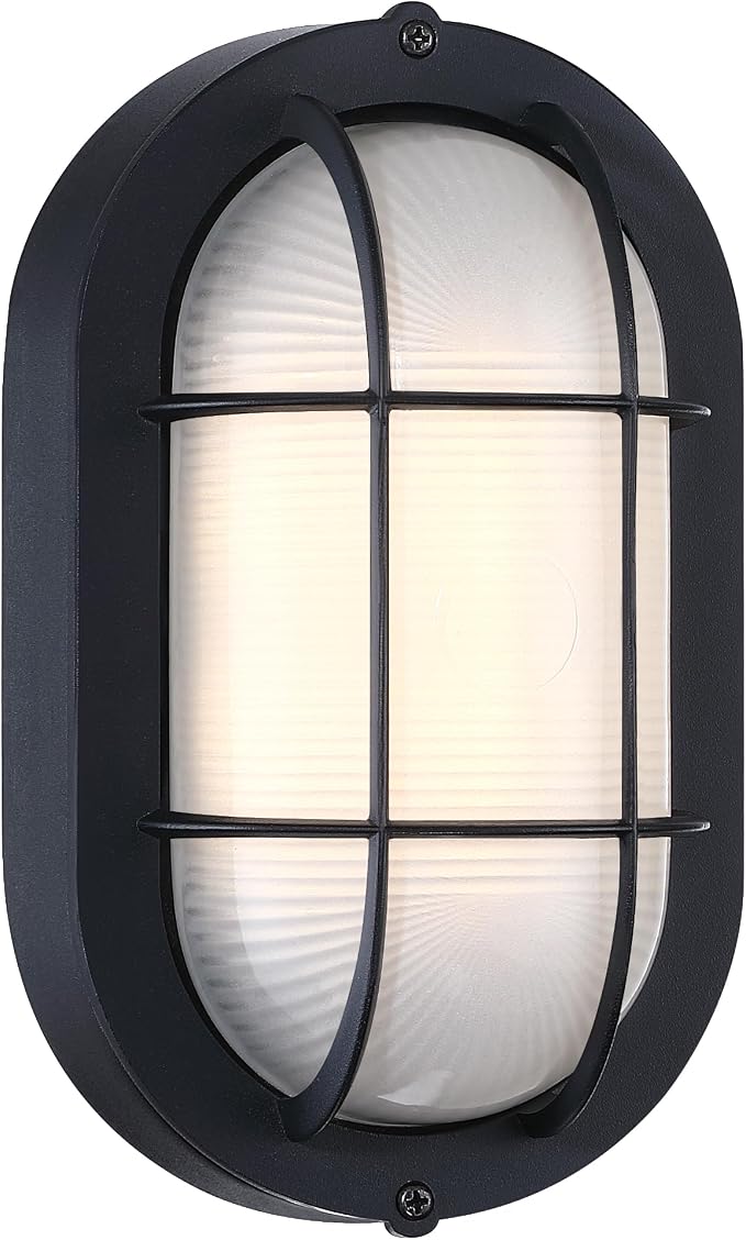 GRUENLICH LED Bulkhead Light Fixture, Aluminum Outdoor Wall Lantern, 8.5" | Oval Exterior Porch Light Wall Sconce for House Walkway Nautical Sauna, Dimmable 6W 600 Lumen, Glass, 3000K, Black, 1 Pack