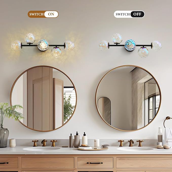 27" Black LED Stained Hammered Glass Globe Bathroom Vanity Light | Colorful Water Ripple Light Effect, Decorative Stained Hammered Glass, Matte Black, Integrated Led Source, Mid Century Design