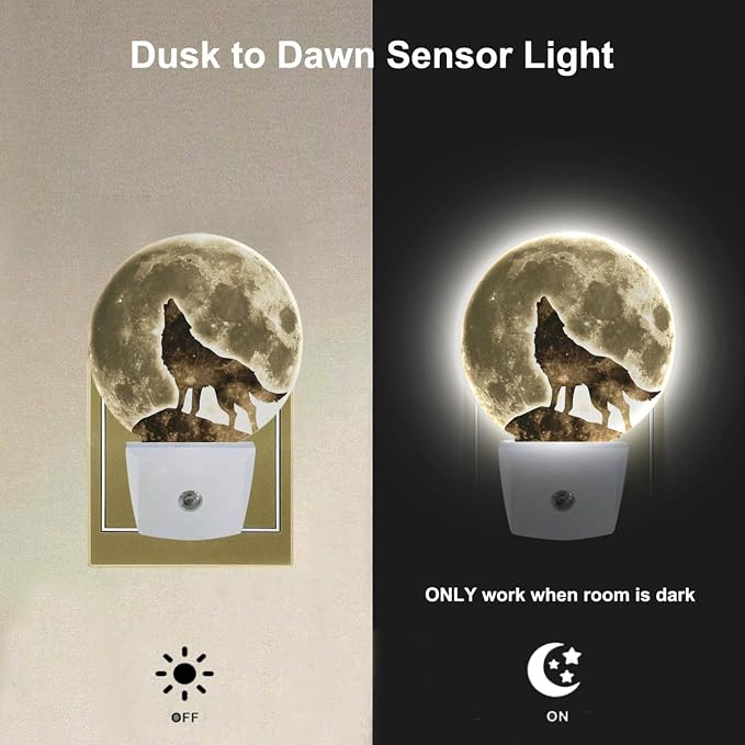 EKOBLA Black Wolf Night Light, Wolf on Cliff Under Full Moon Night Lights Plug Into Wall with Auto Sensor for Bedroom and Staircase