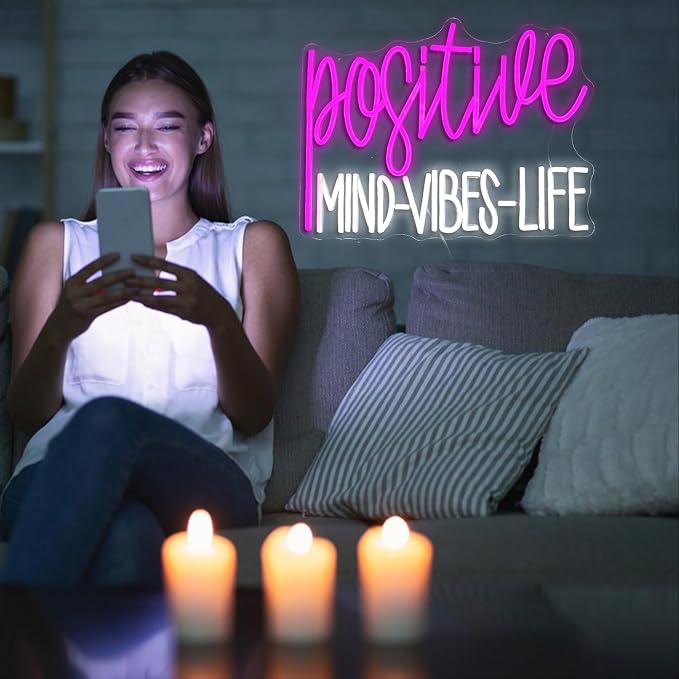 Positive Mind Vibes Life Neon Sign Pink White LED Neon Light for Wall Decor Dimmable Positive Light Up Sign for Classroon Office Girls Living Room Home Bar Club Salon (16.5''*12.6'')