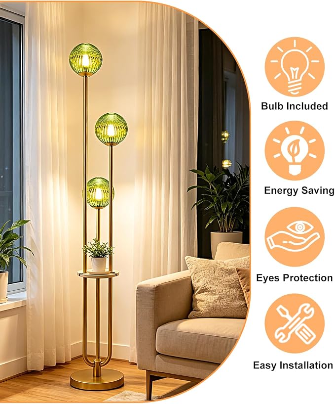 Lightdot Green Glass Floor Lamp with Shelf 63IN Dimmable Mid Century Modern Gold Standing Lamps 3000K Bulbs Included Globe Floor Lamp with 5Lbs Heavy Base for Living Room/Wedding/Sofa Beside/Corner