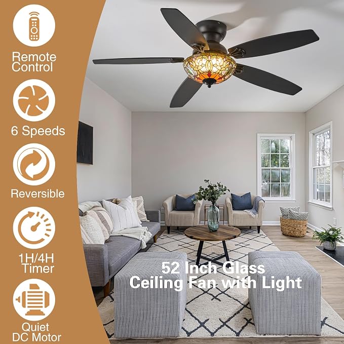 Ceiling Fans with Lights-52 Ceiling Fan Chandelier and Glass Shade | 52" Ceiling Fan Chandelier with 5 Dual-Blades and Glass Shade, 6 Speeds and Reversible, Indoor and Outdoor, Retro Style