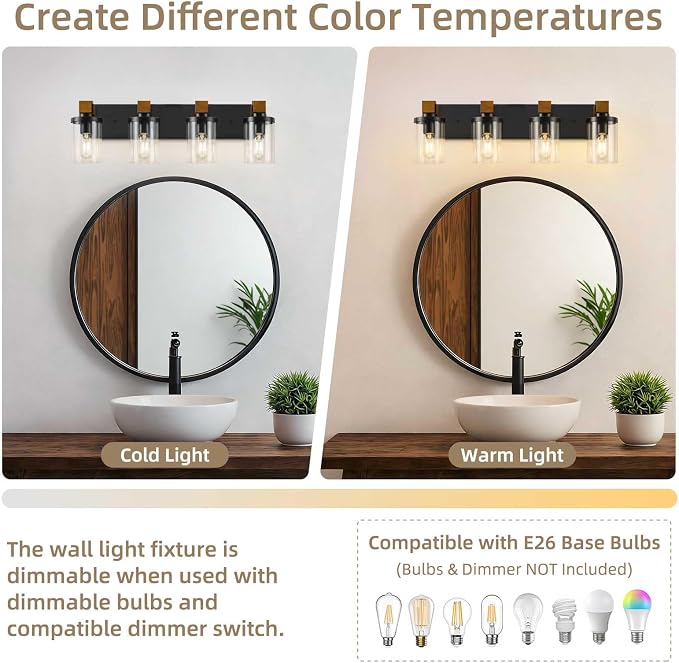 4-Light Farmhouse Bathroom Light Fixtures, Wood Matte Black Vanity Lights Over Mirror with Clear Glass Shades, Rustic Bathroom Lighting Wall Mounted Lamps for Living Room, Cabinet, Porch