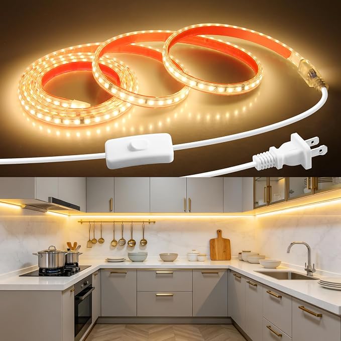Waterproof Under Cabinet Lighting Strip Self-Adhsive Under Counter Light Warm White 3000K LED Tape Light Plug in with Switch Flexible 120LED/M Super Bright Wired Lights for Indoor Closet Kitchen 72in