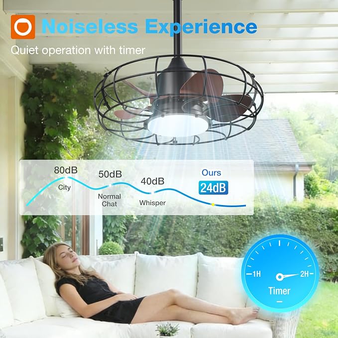 addlon 20" Outdoor Ceiling Fan with Light for Patio, IP65 Plug in Caged Fan | Waterproof, Hanging Hook, Reversible DC Motor, 6 Speeds, Remote Control, Quiet Operation, Timer, for Gazebo, Patio, Porch