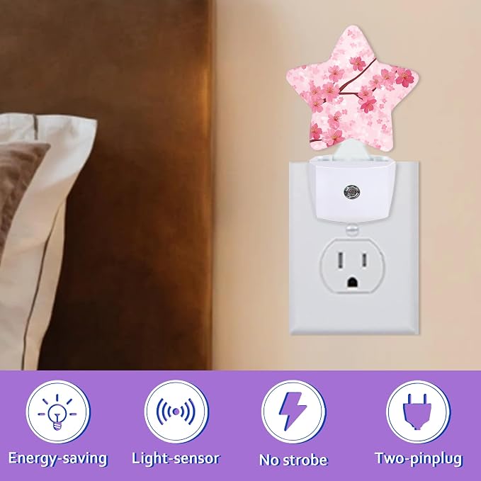 Energy Efficient Nightlights Plug in Wall, Pink Flowers Night Light for Kids Bedroom Decorative, Spring Floral Dusk-to-Dawn Sensor Sleep Friendly Lamp for Nursery Bathroom Basement