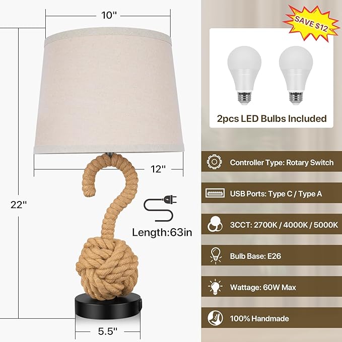 22" Rope Lamp Set of 2, Boho Table lamps for Night Stands, 3-Color Temperatures Rattan Lamp with Rotary Switch USB Ports, Boho Lamps for Bedrooms, Farmhouse Lamps for Living Room, 2 Bulbs Included