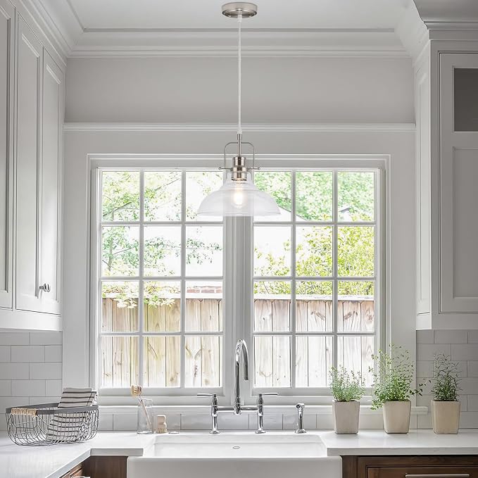 WILON Clear Glass Modern Pendant Light for Kitchen, Brushed Nickel | 11'' Clear Glass Shade, Adjustable Height, E26 Ceramic Socket, 60W MAX, Modern Style for Dining Room Kitchen Over Sink