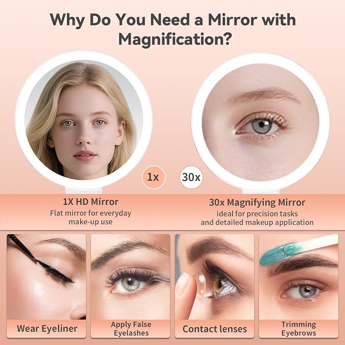 Makeup Mirror with Lights, Magnifying Mirror 1X/30X with Adjustable 3 Color Light, Double Side Control, 2000mAh Rechargeable, Lighted Makeup Mirror with Magnification, Smart Memory, Gift for Women