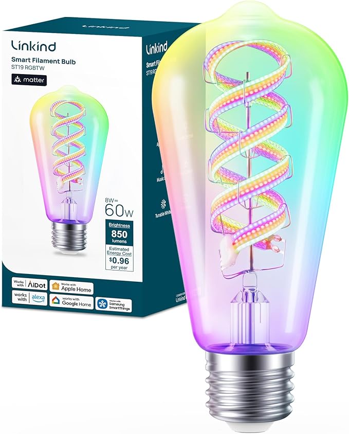 Linkind Matter Smart Edison Light Bulbs, ST19 (58) Vintage Bulbs, 1 Pack | RGB Color Changing, Work with Alexa/Apple Home/Google, 2700K-6500K Warm White to Daylight, E26 LED Filament, 2.4G WiFi, 850LM