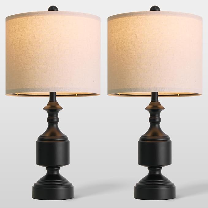 BOBOMOMO Black Lamps Set of 2-20.5" Farmhouse Metal Table Lamps for Living Room, Traditional Bedside Lamps for Nightstand with Linen Shade, Ideal for Small Spaces, Entryway Console Lamps