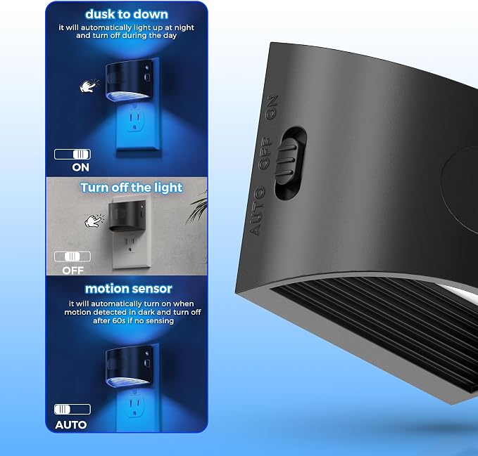 L LOHAS LED Motion Sensor Night Light, Night Lights Plug into Wall, 4 Pack | Nightlight with Dusk to Dawn & Motion Detection Sensor, 30-100Lm Adjustable Brightness, Blue Light, Black Housing