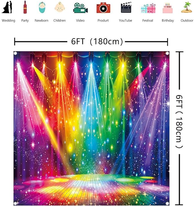 Disco Rainbow Stage Backdrop 70s 80s 90s Hippie Music Vintage Lights Photography Background Rock Music Colorful Neon Glow Party Decorations Photo Banner (6x6FT(72 x 72 inch))