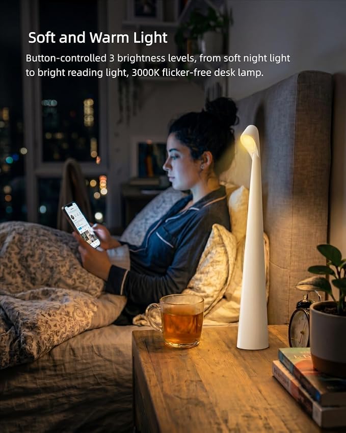 Cordless LED Table Lamp, 4000mAh Rechargeable Portable Desk Lamp, 3-Level Brightness, Bedside Night Light, Ambient Reading Light for Restaurant, Bedroom, Outdoor Camping, Night Light, White | 3-Level Brightness, Bedside Night Light, Ambient Reading Lig...