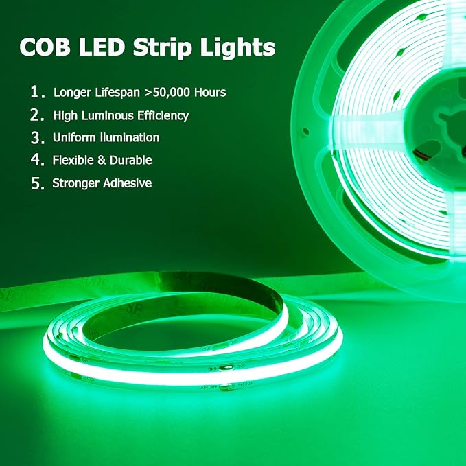 TOPAI 12V COB LED Strip Green 16.4ft Dotless Outdoor IP65 Waterproof | High Density 480LEDs/M, Uniform Lighting, Cuttable, Flexible, Self Adhesive Easy Install for Living Room, Bar