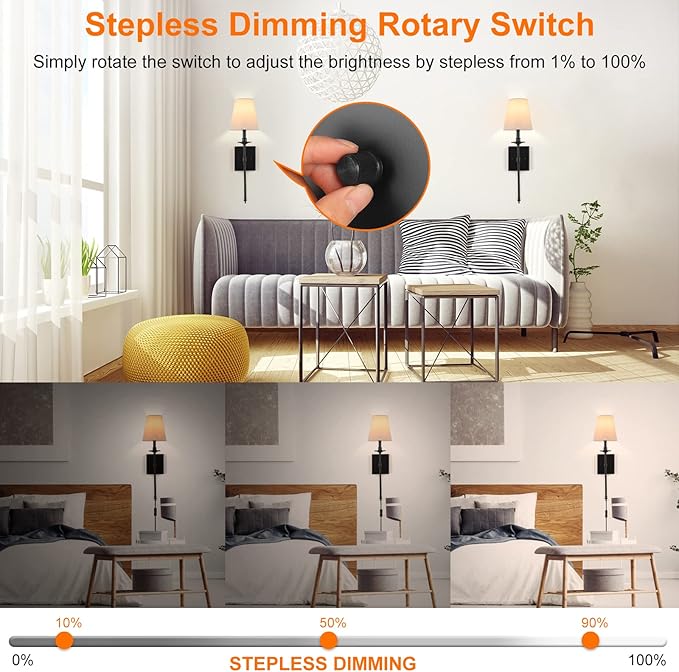 Dimmable Wall Sconces Set of Two, Plug in Wall Sconces White Fabric Shade, Wall Lamp for Bedroom, Living Room, Plug in Wall Light Sconces Wall Decor Set of 2, LED Bulbs Included, Black