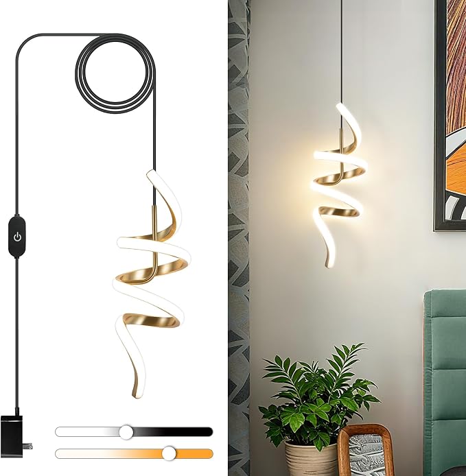Plug in Pendant Light 3000~6000K Hanging Lights with Plug in Cord, Touch Switch Modern Pendant Light, Gold Hanging Lamps for Living Room, Kitchen, Dining Room, Bedroom,1 Pack