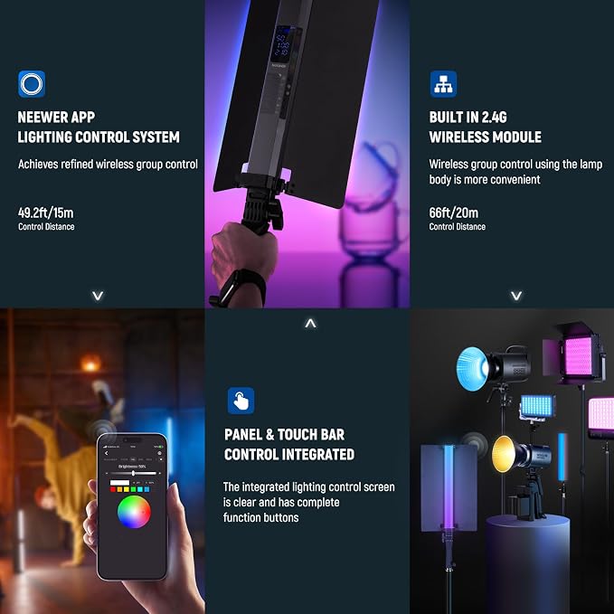 NEEWER RGB2 LED Tube Light Stick with Metal Barndoor, Handle, Touch Bar/APP/2.4G Control, Rechargeable Magnetic Handheld RGB Video Light, 2500K-10000K CRI98+ Dimmable Photography Lighting, 18 Scenes
