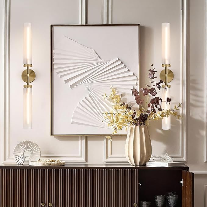 2Pc 30" Knurled Brass 2 Light Wall Sconces, Long Modern Hardwired Bathroom Vanity Light, Frosted Glass Tube Linear Wall Light Fixtures, for Mirror,Bedroom,Living Room,Hallway