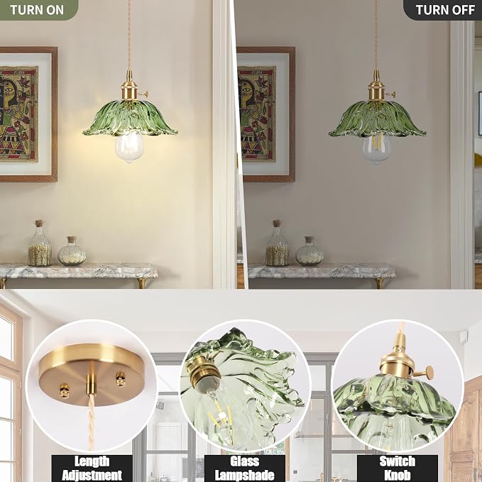 Glass Pendant Light Vintage Light Fixtures,Green Modern Chandelier Pendant,E26 Pendant Lights Kitchen Island,10.6 inch Hanging Lamp for Bedroom Hotel Dining Room 1 Light