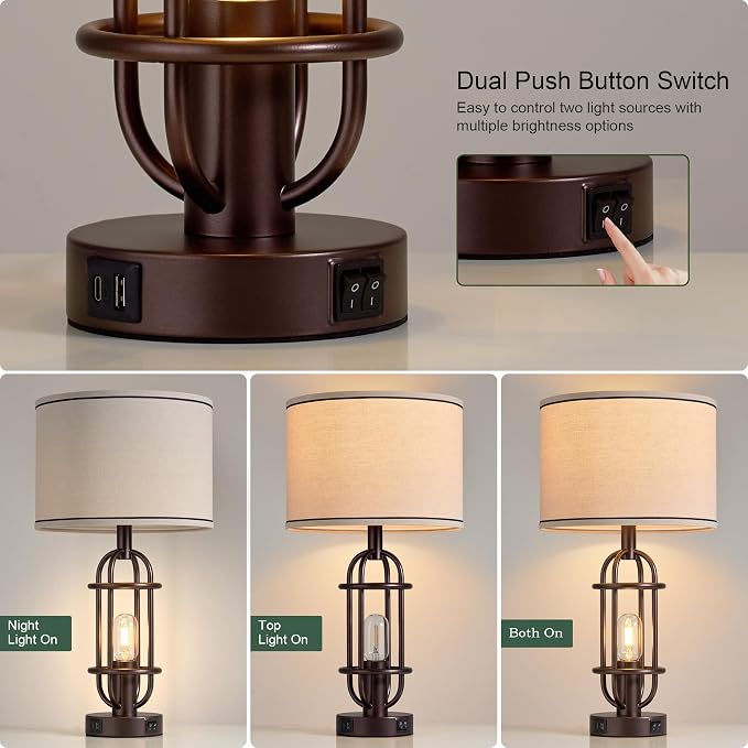 Reaketon Living Room Lamps Set of 2, 22.3" Farmhouse Table Lamp for Bedroom, Vintage Lamps for Night Stands with USB Ports, Oil Rubbed Bronze