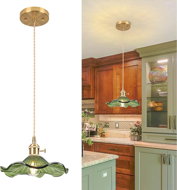Glass Pendant Light Vintage Light Fixtures,Green Modern Chandelier Pendant,E26 8.8" Adjustable Hanging Light,Pendant Lights Kitchen Island for Entryway Dining Room 1 Light