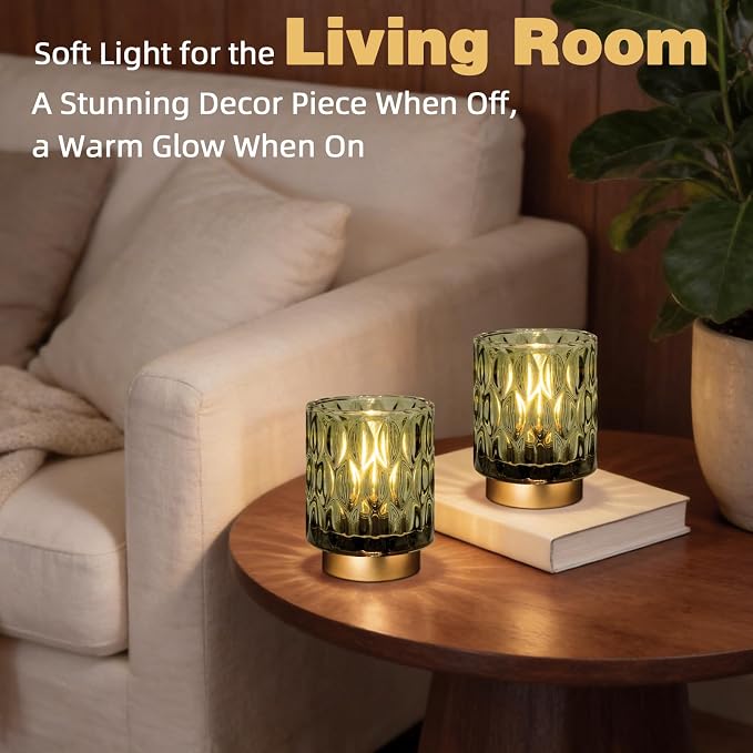 Battery Operated Table Lamp Timer, Small Cordless Lamps Decorative, 2 Green | Mini Crystal Lamp for Area No Plug, LED Battery Powered Lamps Wireless, Glass Accent Light for Bathroom Fireplace Shelf Decor