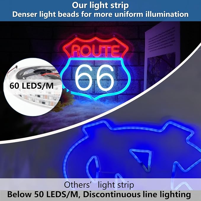 Route 66 Neon Sign, LED Light Room Decor for Bedroom Living Room Gaming Room Man Cave Home Party Birthday for Family Friends Kids