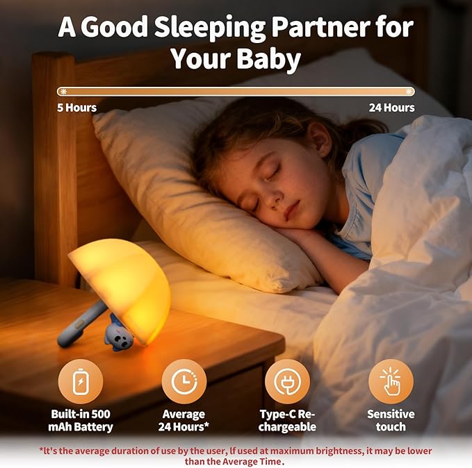 LED Umbrella Night Light, Rechargeable Touch Lamp for Nursery, Bedside Lamp with Cute Animal Design, White (Pink)