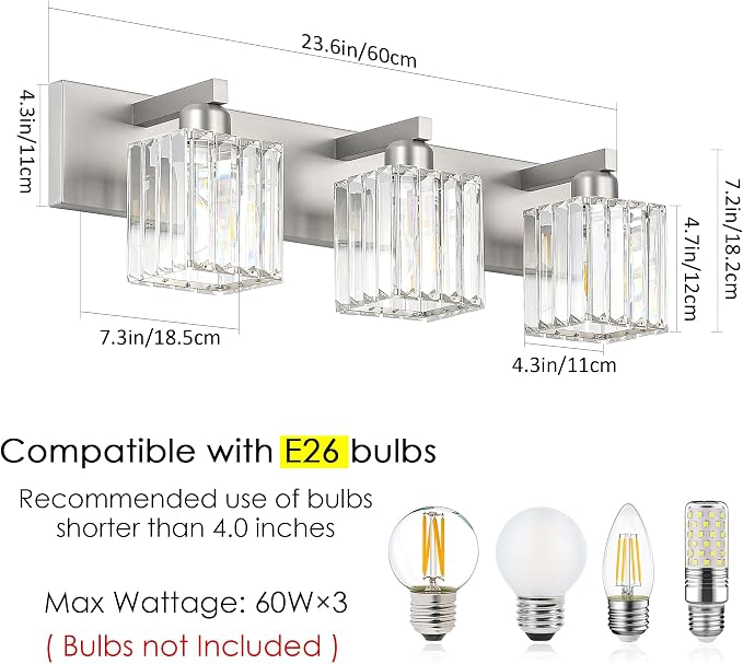 Aipsun Brushed Nickel Vanity Light Bathroom Lighting Fixtures 3 Light Crystal Modern Bathroom Vanity Light (Exclude Bulb)