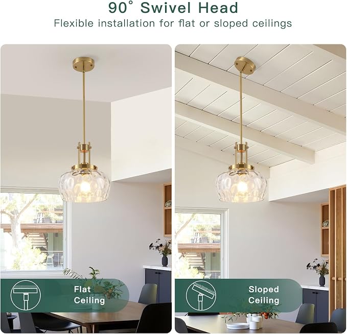 Gold Pendant Light Kitchen Island, 10 Inch, Hammered Glass Shade | Modern Farmhouse Style, For Kitchen Dining Room Bedroom, Bulb Not Included