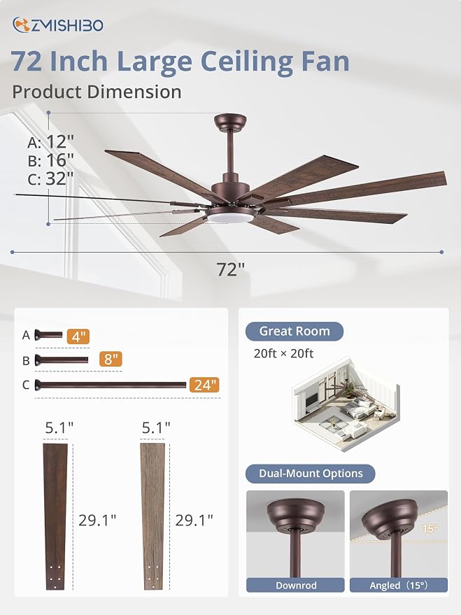 ZMISHIBO 72” Farmhouse Ceiling Fan with Light, Remote Control, Oil Bronze | High CFM Powerful Airflow, Quiet DC Motor, 24W 3 CCT LED, Indoor/Covered Outdoor, Dual-Finish, Damp Rated, Rustic