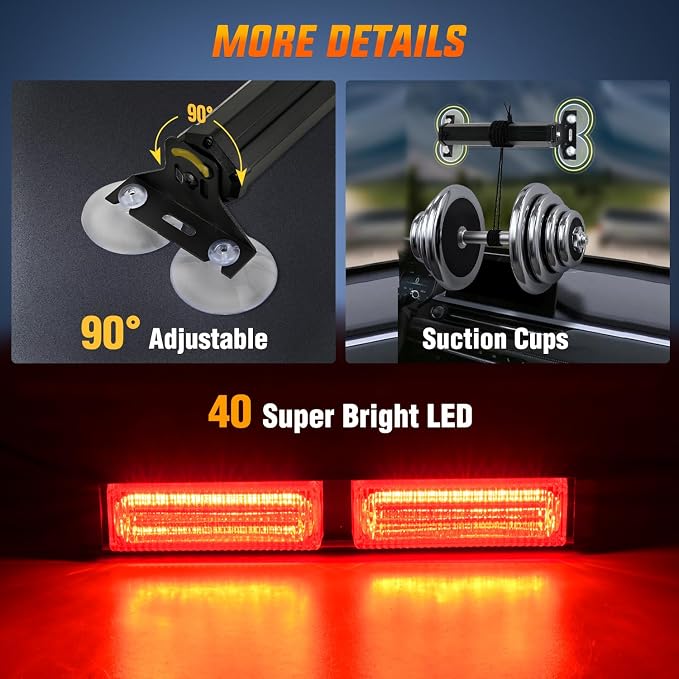 Nilight 40LED Red Emergency Strobe Traffic Advisor Light Bar with Suction Cups Dash Safety Warning Hazard Flashing Lights Interior Front/Rear Windshield for Trucks Construction Vehicles | with Suction Cups Dash Safety Warning Hazard Flashing Lights Int...