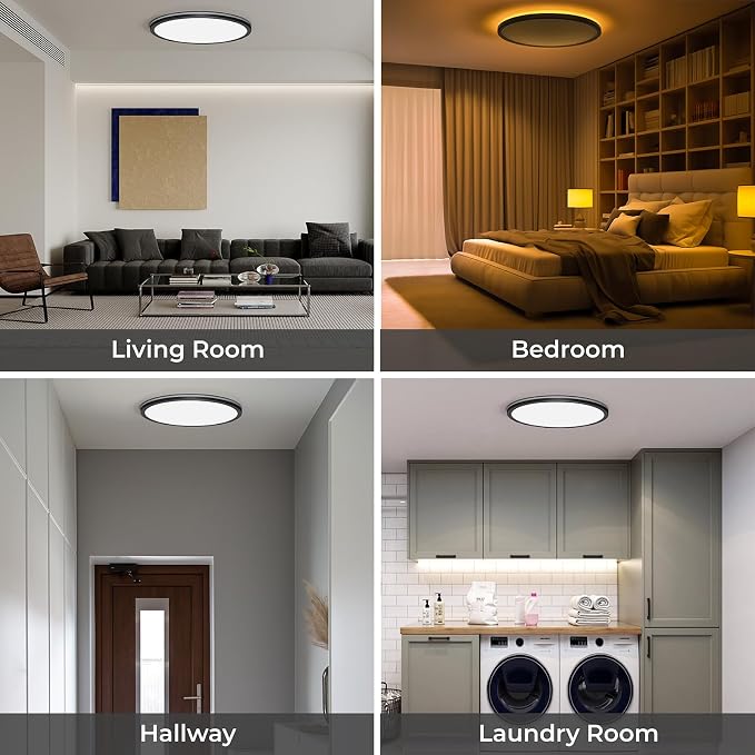 Matane 12in LED Flush Mount Ceiling Light Fixture with Remote Control, Nightlight 2000K Warm, 24W 3000K-6500K Adjustable, Wired Low Profile Ceiling Lights for Bedroom, Kitchen, Living Room Black
