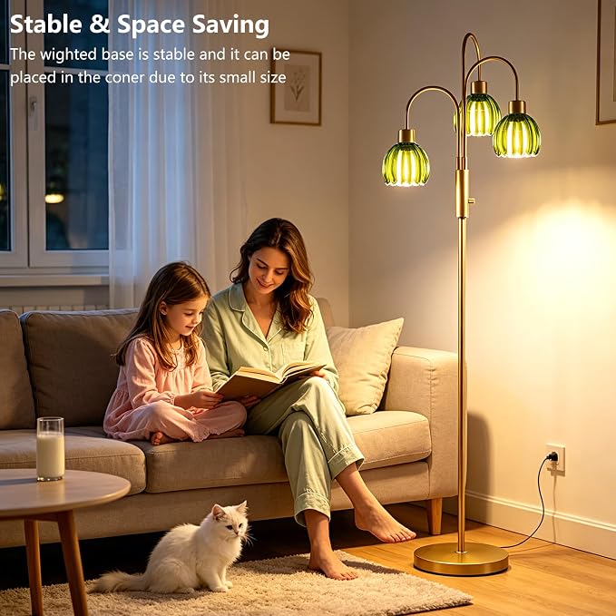 3-Light Glass Floor Lamp, 70" Gold Dimmable Standing Tall Lamp with Green Ribbed Glass Shades &3PCS 3000K Warm White Bulbs, Modern Tree Pole Lamp for Living Room Bedroom Home Office Corner Decor