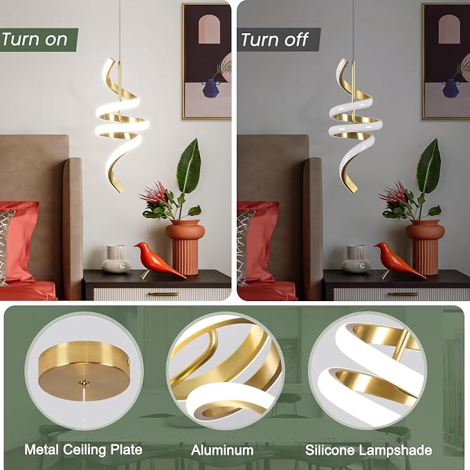 Modern Spiral LED Pendant Lights Kitchen Island, 22W Adjustable Height Hanging Light Fixture 5500K Gold Chandelier for Dining Room Cafe Table, 3 Pack